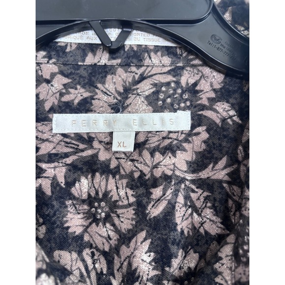 Perry Ellis Mens XL Long Sleeve Button Down Shirt Floral Print Black Tan Cotton - Picture 3 of 5